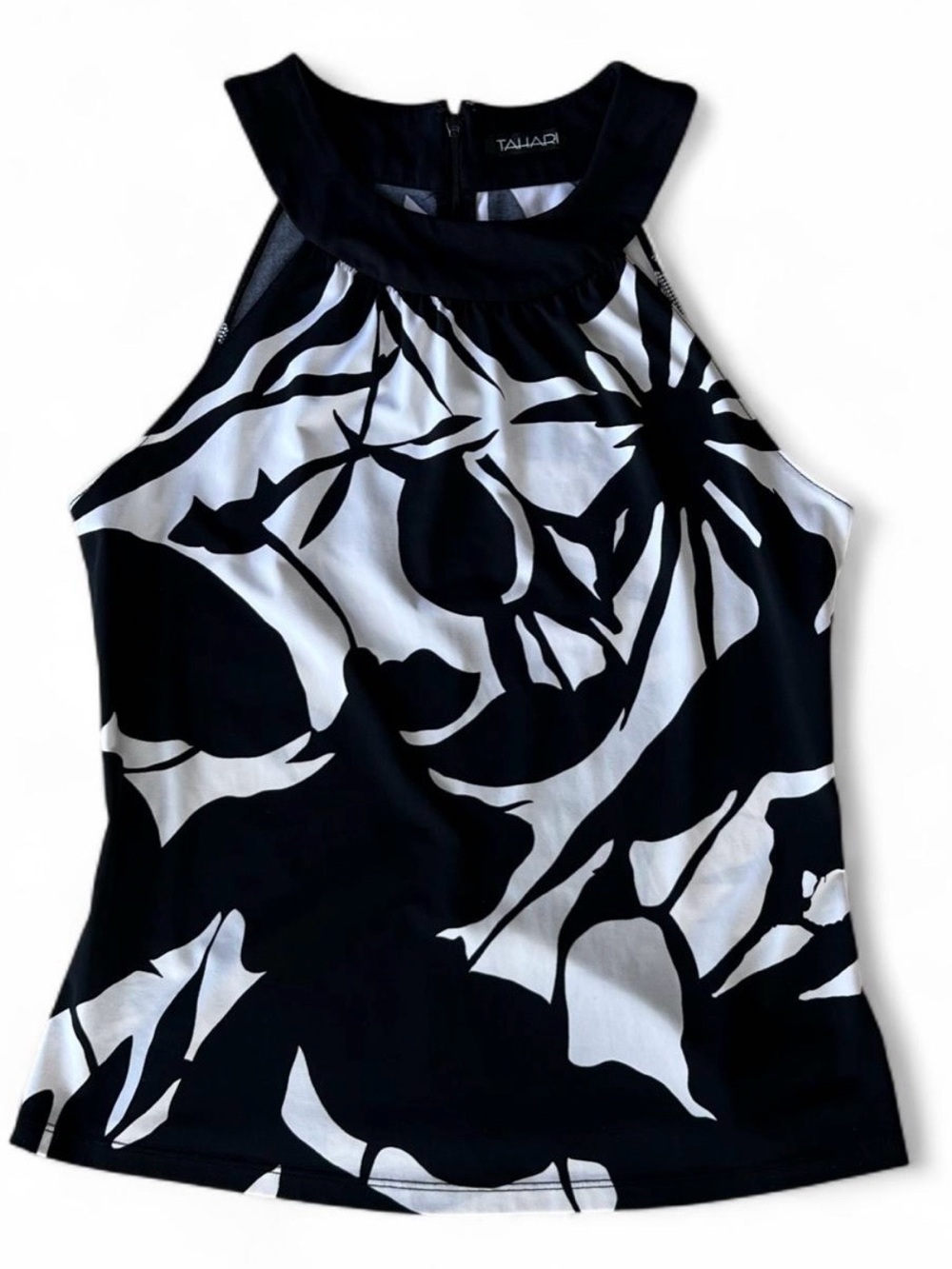 Tahari Y2K-Era Black & White Tropical Floral Halter-Style Top